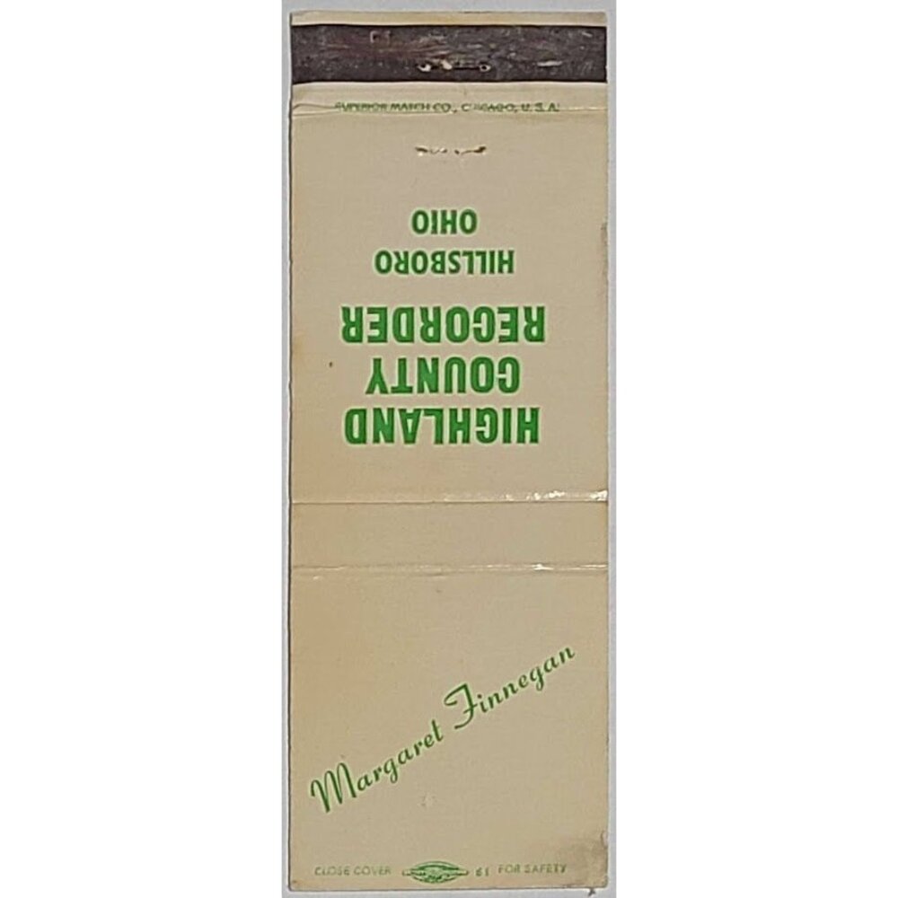 Vtg Matchbook Cover Margaret Finnegan Recorder Highland County Hillsboro Ohio